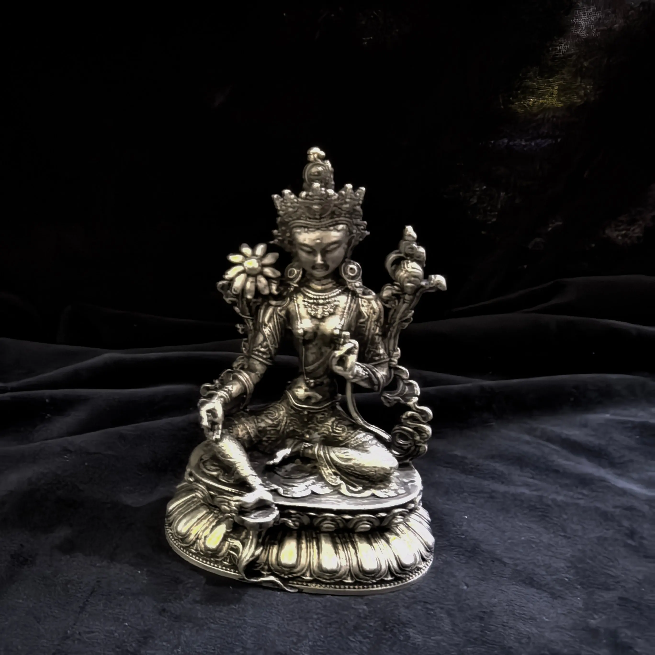 

Chinese bronze crafts carved green Tara statue home peace Buddha decoration table top