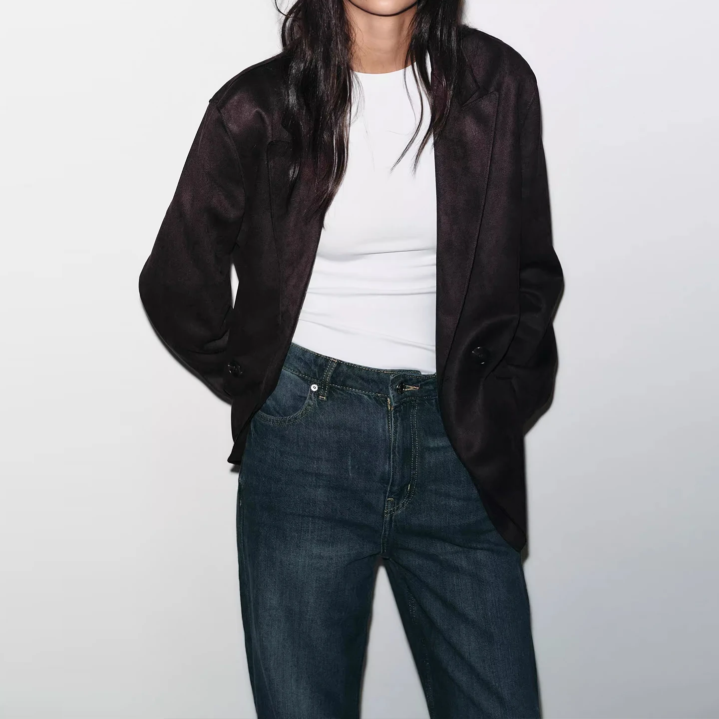 

Autumn 2025 Women's Sle Long Sve Faux Leather Effect Suit Jaet Casual Loose Fit Double Breasted Print Casual Faion