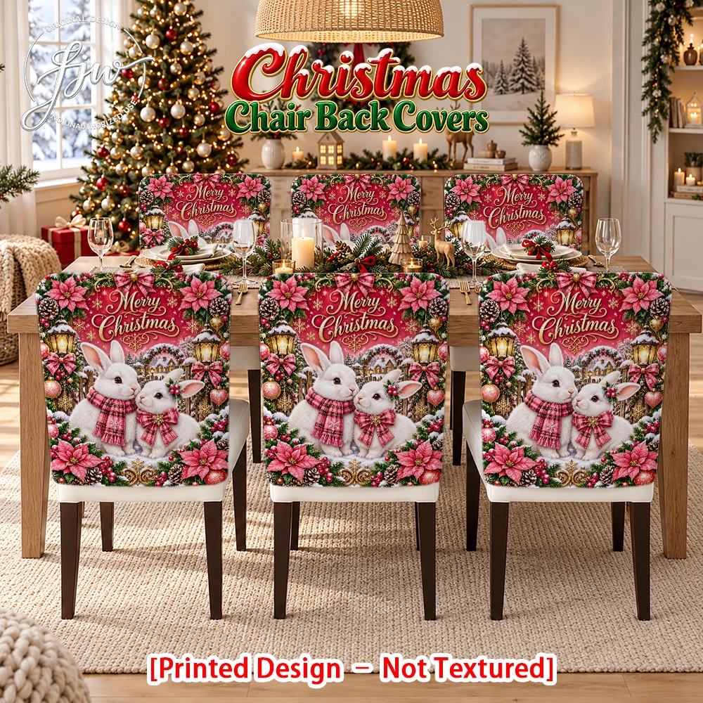 6/4/2pc Christmas Cute Rabbit Print Chair Back Covers, Xmas Holiday Dining Chair Slipcovers for Party Home Decor