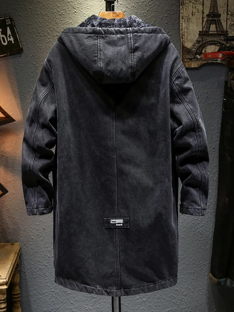 Winter Black Fleece Lining Denim Trench Coat Men Medium Long Hooded Jacket Thick Warm Casual Cotton Outerwear Male Oversize 4XL