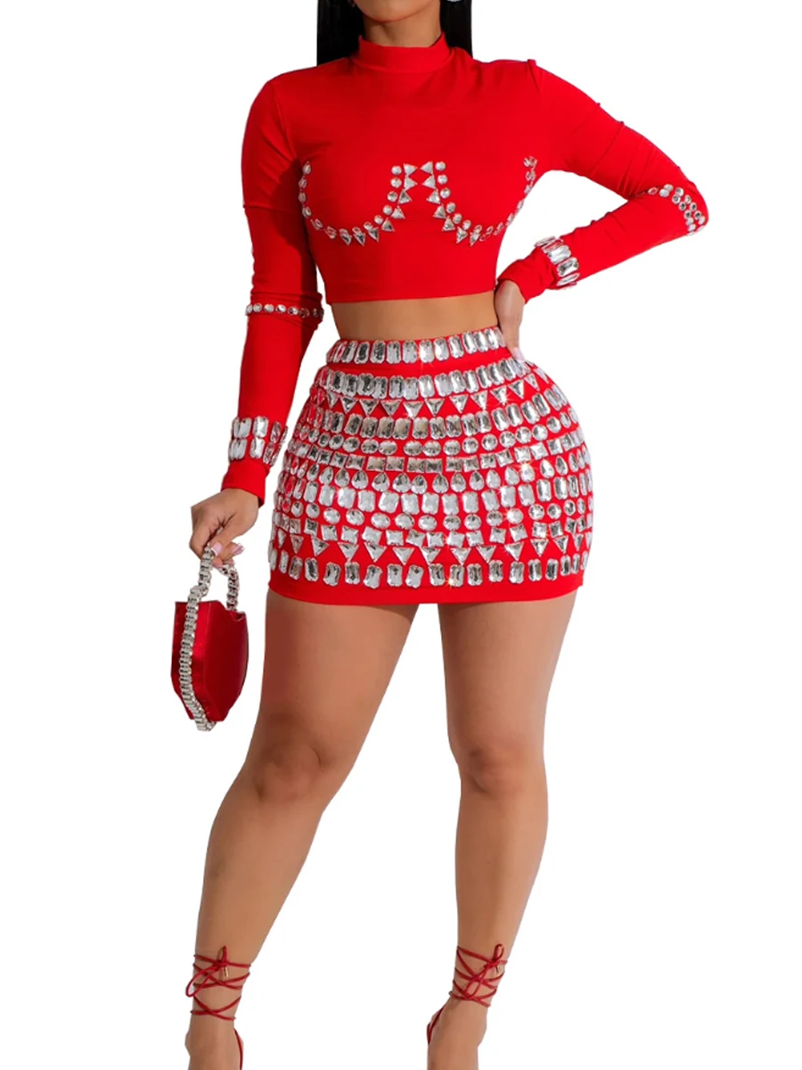 

Women Sexy Solid Color Long Sleeve Rhinestone Decor Tank Top and High Waist Mini Skirt 2pcs Set