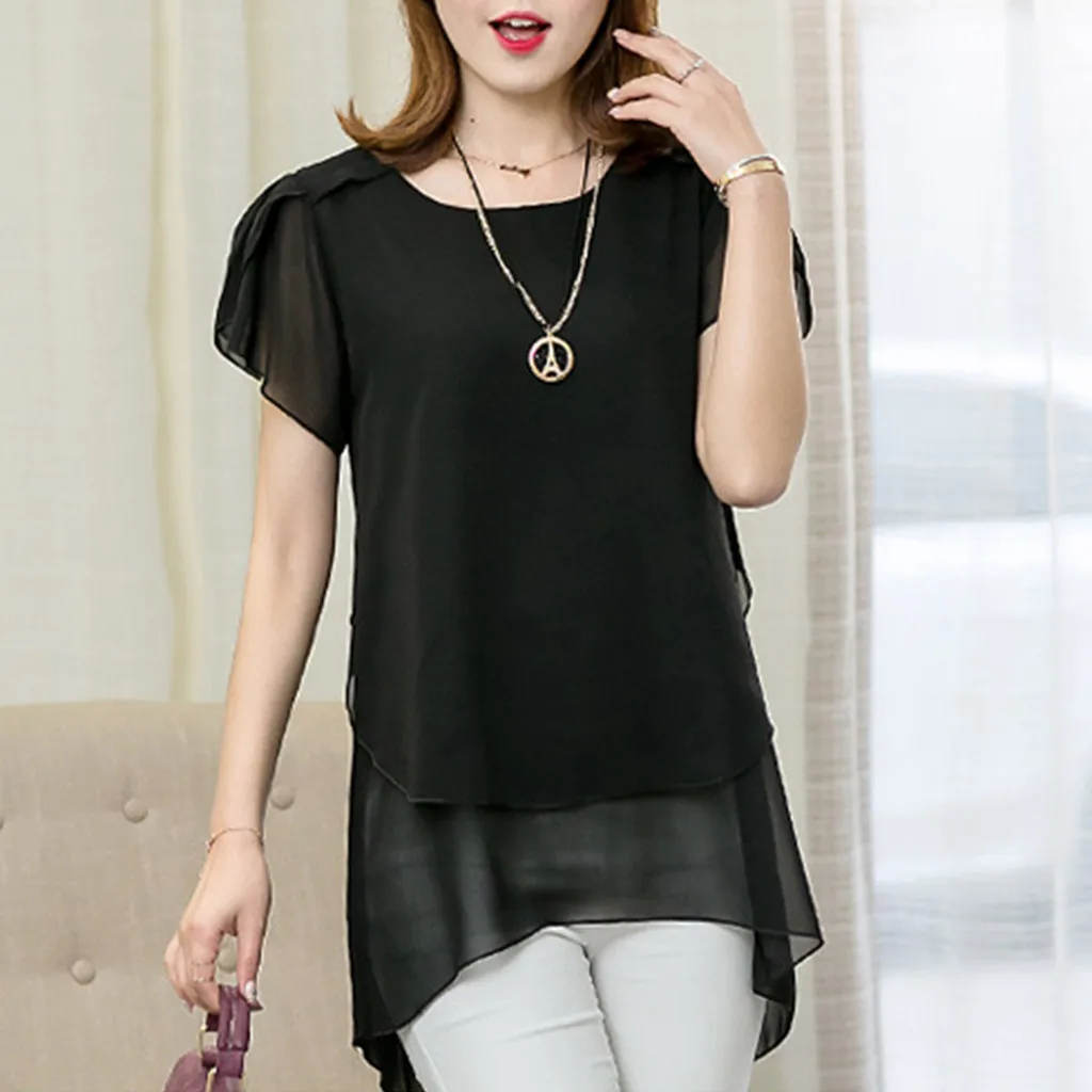 Women Solid Color Chiffon Blouse O-Neck Short Sleeve Patchwork Loose Fit Elegant Clothes Summer Streetwear Holiday Tops Pullover