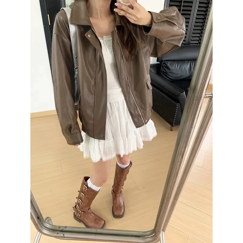 Spring and Autumn New Black Leather Jacket Women's Autumn Korean Edition Fashion Trend High Motorcycle Leather Jacket Trendy