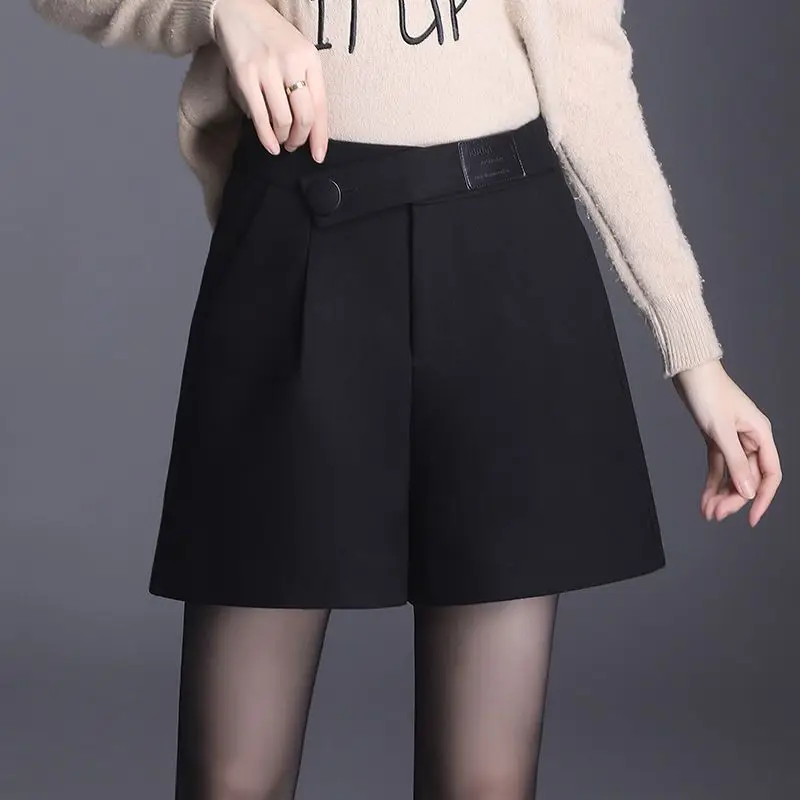 Women Clothing Autumn Winter Simplicity Office Lady Shorts Female Casual Button Solid Color Appear Thin High Waist Large Size