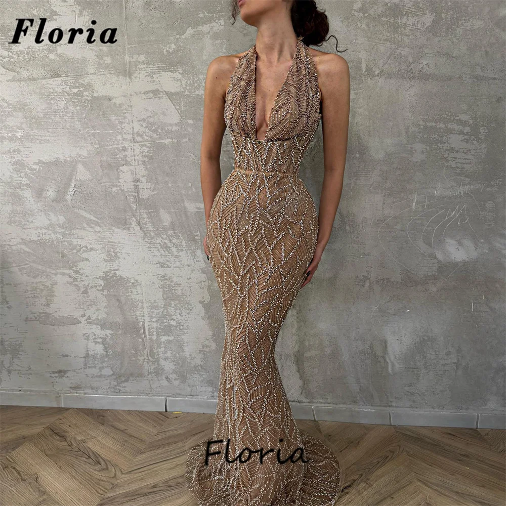 

Sexy Halter Deep V Neck Party Dress Custom Made Beading Sequins Mermaid Women Evening Dresses Robes Du Soir 2024 Dubai Prom Gown