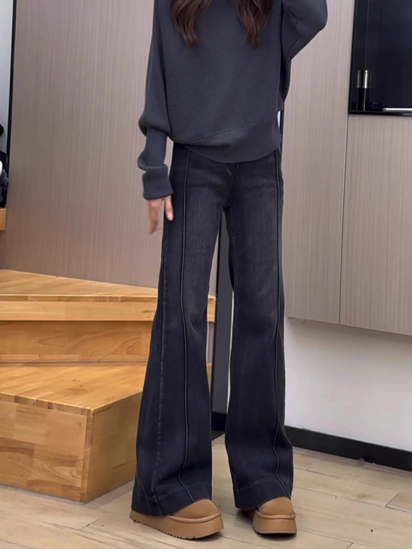 High Waist Flared Jeans Women's Fce Lined Bootcut Pants Straight Leg Casual Sle Winter New Small Size Non-Matching Leggings