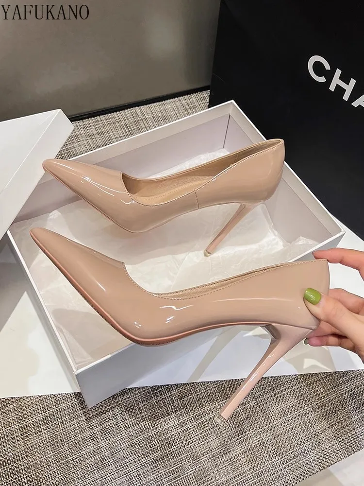 Fashion High Heels 2024 New Nude Not Tired Feet Thin Heels Work Shoes Pointed Toe Single Shoes Patent Leather Matte Pumps 42 43