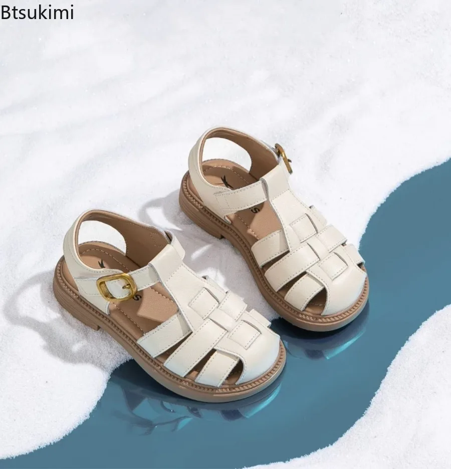 Children's Sandals Summer New Girls Solid Color Fashion Roman Woven Leather Party Princess Shoes Non Slip Soft Sole Casual Shoes