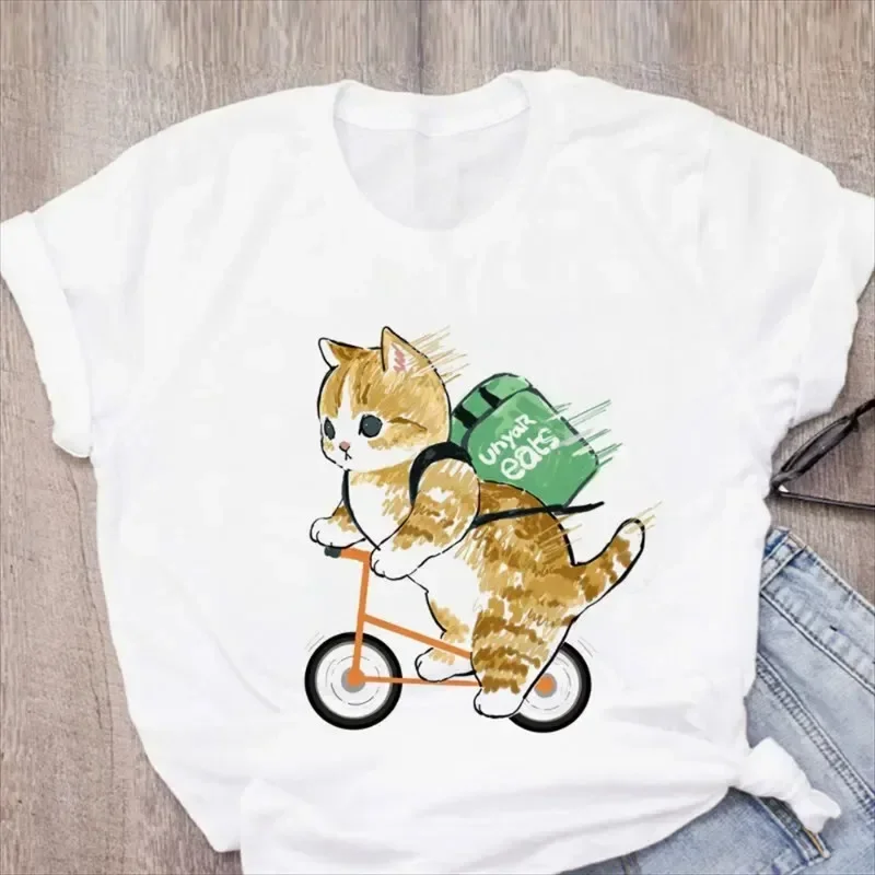 Gemusterte Modische Ästhetische Oberteile T-Shirt Lässig Niedliche Katze Lustiger Cartoon Damen Harajuku Kurzarm Lässige Ästhetische Kleidung – Detail 6