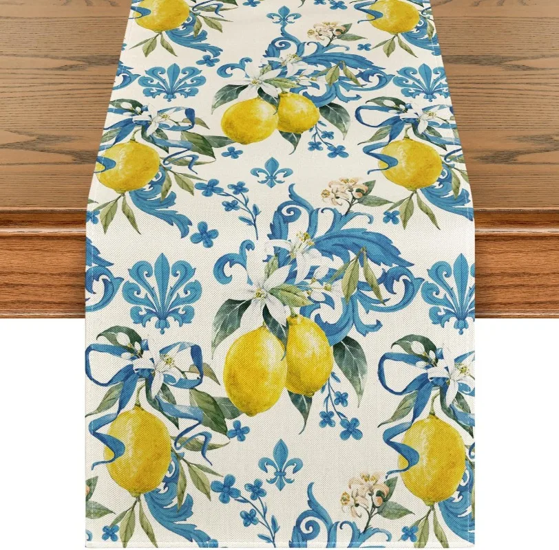 Blue Lemon Iris Floral Table Runner All Seasons Kitchen Table Mat Suitable for Home Holiday Party Scene Decoration Accessories