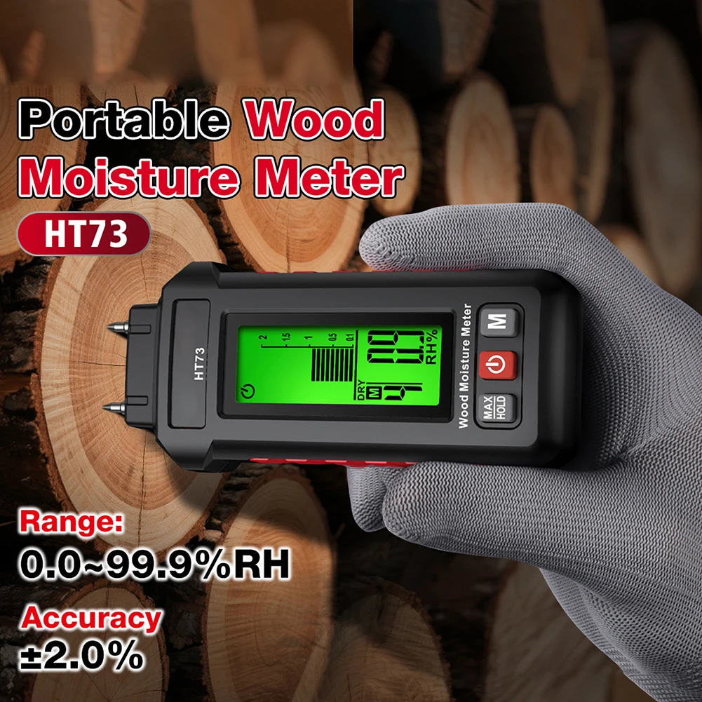 HT73 Moisture Analyzer for Timber Cement Concrete Brick Gypsum Lime Stainless Steel Probe 2xAAA Battery Powered