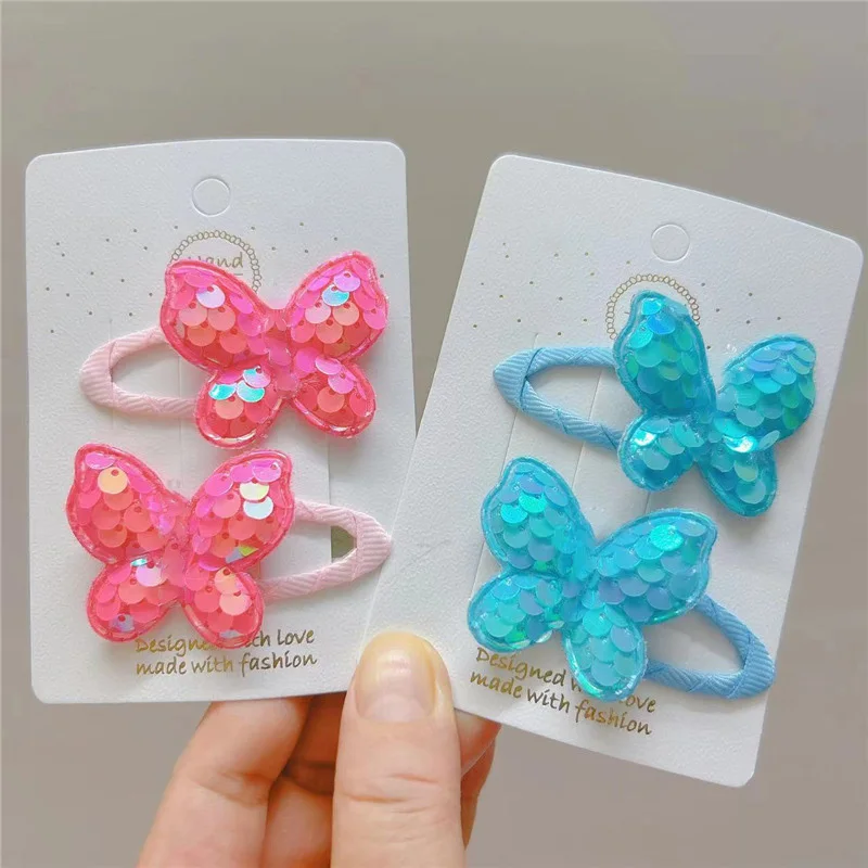 2PCS Cute Princess Sequin Fish Scale Butterfly Girls Hairpins Children Headwear Hairgrip Hair Clips Barrettes Hair Accessories