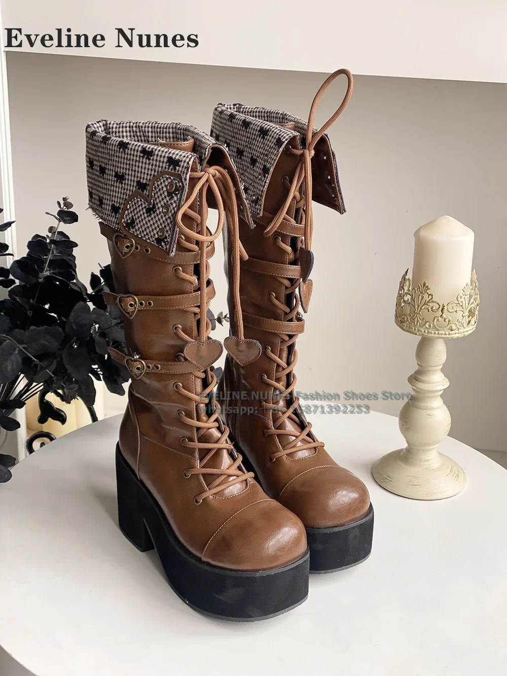 Platform Cross Tied Lolita Knee-High Boots Round Toe Height Increasing Fold Down Cosplay Sweet Cool Style Modern Boot 2024 Trend