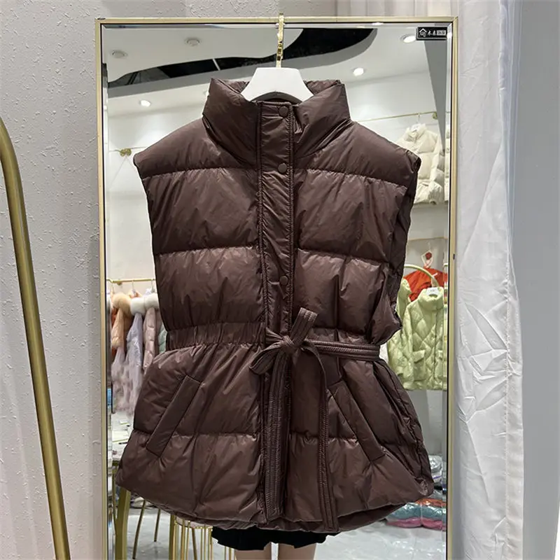 2022 New Women's Short Down Jacket Korean Stand Collar Slim Thin White Duck Down Vest Winter Waistcoat Sleeveless Outwear h2341