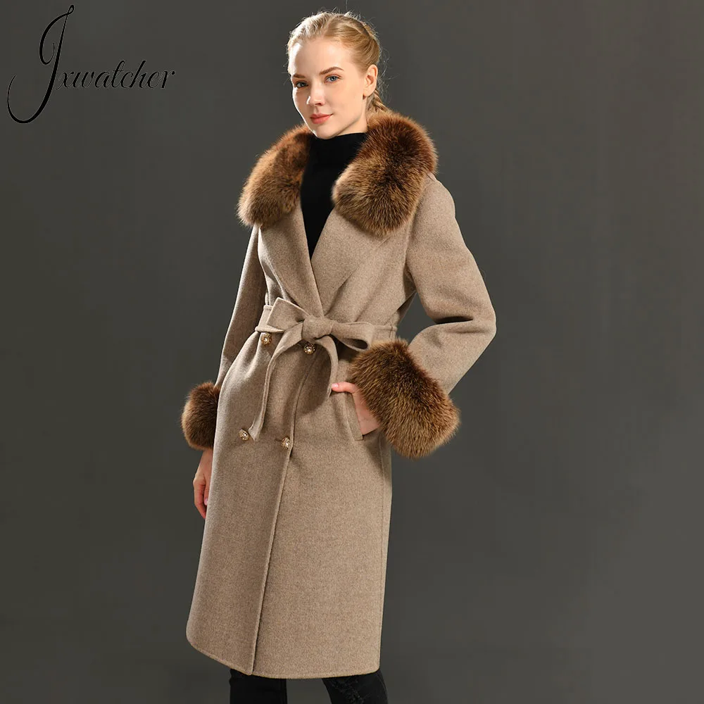 Women\'s Cashmere Wool Coat Spring Real Fox Fur Collar Woolen Trench Jacket Winter Adjustable Waist Slim Ladies Long Overcoat