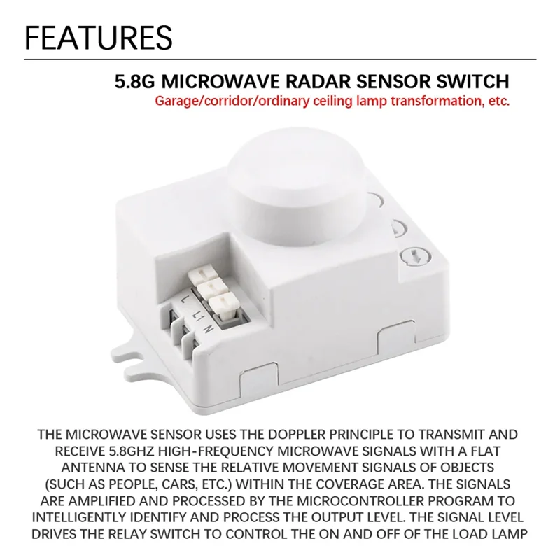 สวิตช์เหนี่ยวนําไมโครเวฟ 5.8G 220V การควบคุมการประหยัดพลังงานอัจฉริยะเซ็นเซอร์เรดาร์ไมโครเวฟทนทานติดตั้งง่าย