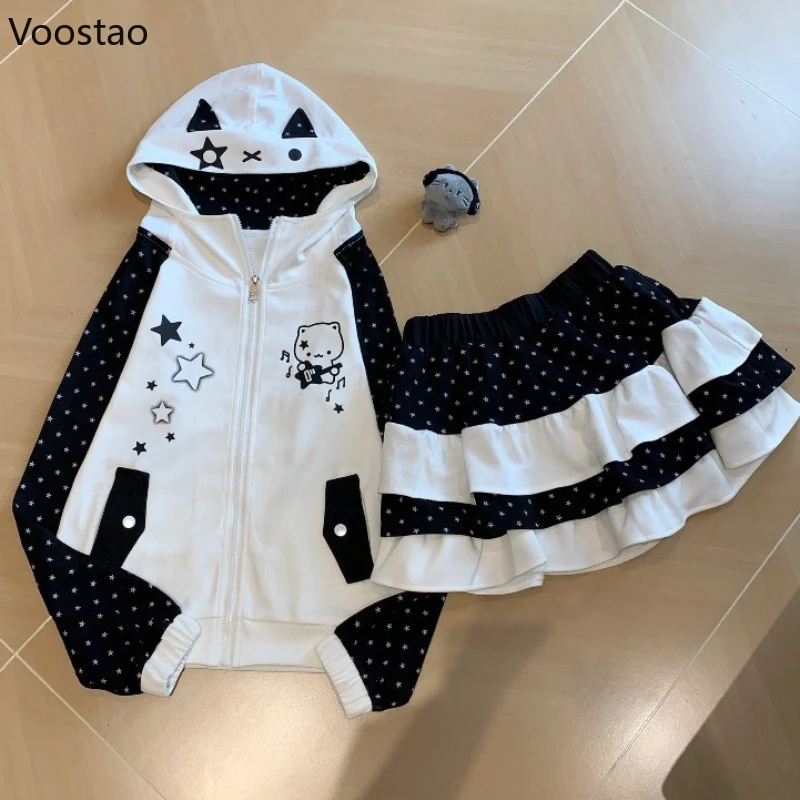 

Autumn Japanese Kawaii Lolita Style 2 Piece Set Women Cute Cartoon Zipper Hoodie Jacket Mini Skirt Suit Girls Casual Y2k Outfits