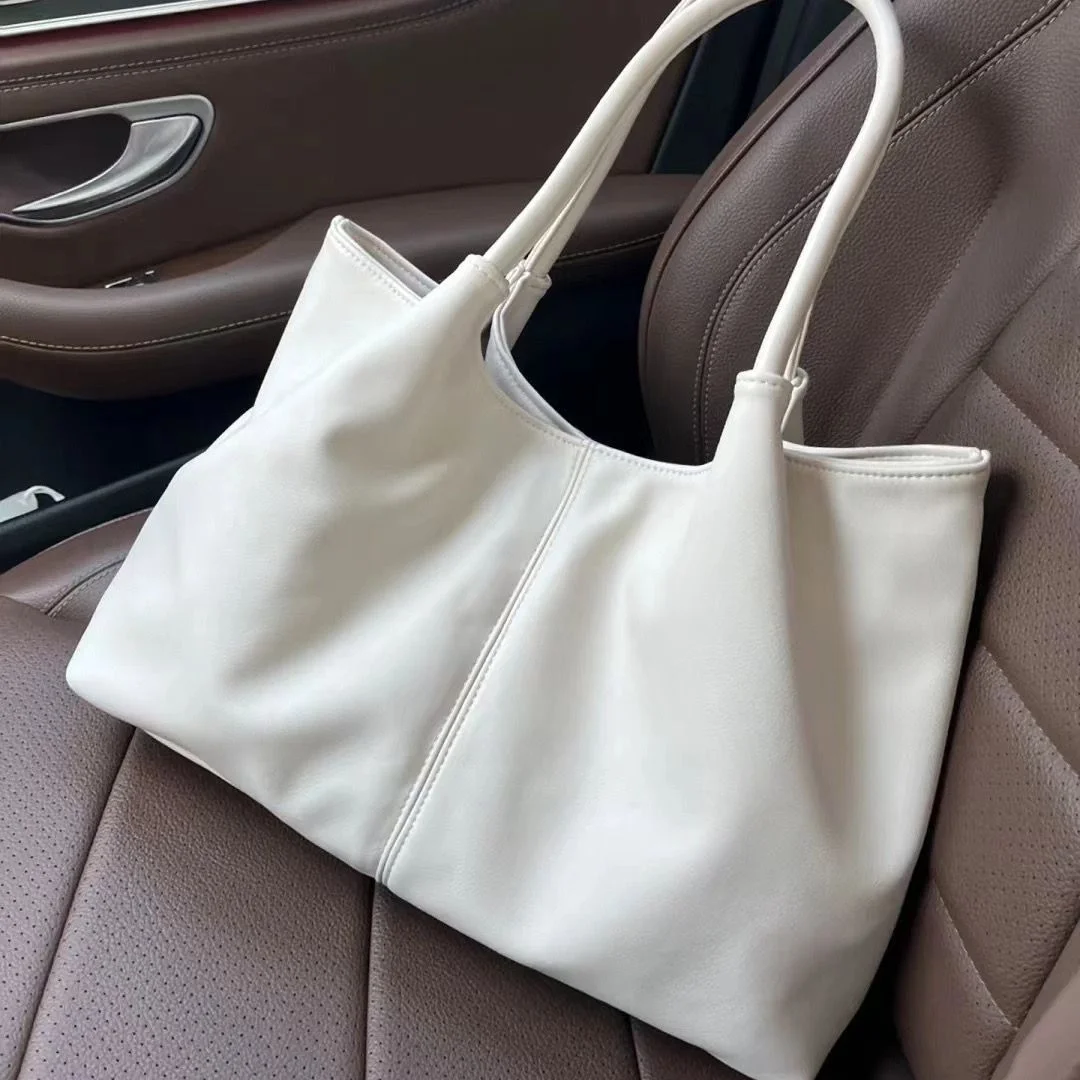 Simple White Shoulder Bag 2023 Women\'s PU Leather Soft Underarm Tote Bag School Large Capacity Bag Full Student Shopping Handbag