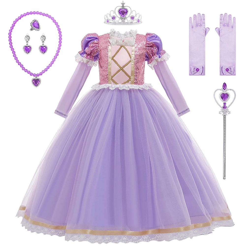 Girls Carnival Costume Sequin Princess Rapunzel Purple Puff Sleeve Cosplay Tangled Costume With Crown  Birthday Ball Gown Clot