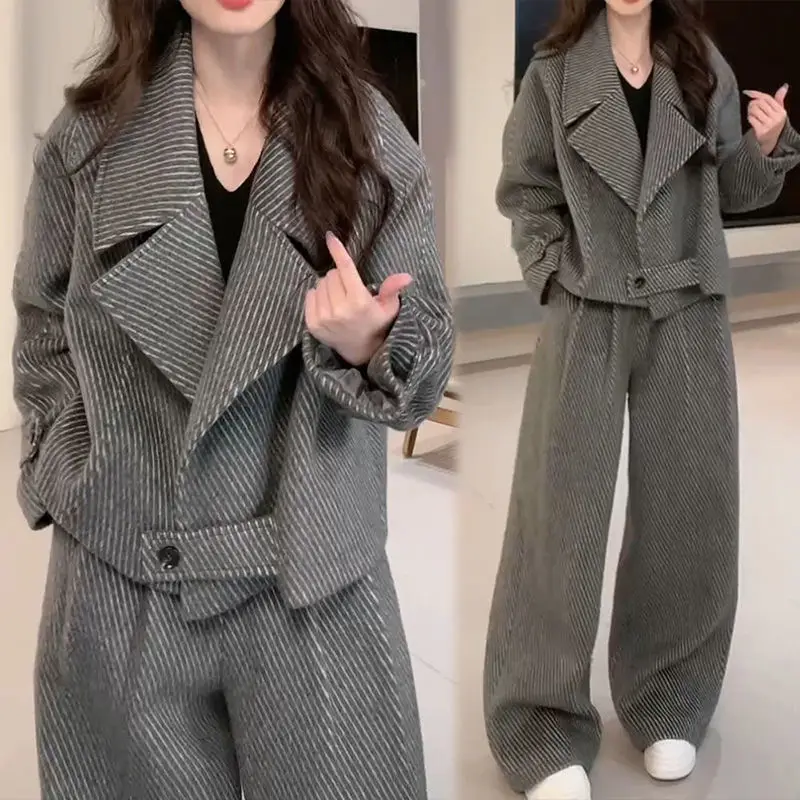 

Advanced Casual Suit Autumn and Winter New Style Lapel Jacket High Waist Slimming Wide Leg Pants Two-piece Set