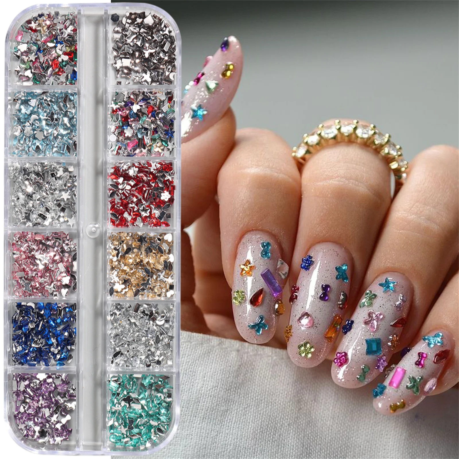 12 Grids Mixed Shapes Colorful Acrylic Nail Art Flat Back Rhinestones for Professional Salon and DIY Manicure Ornaments