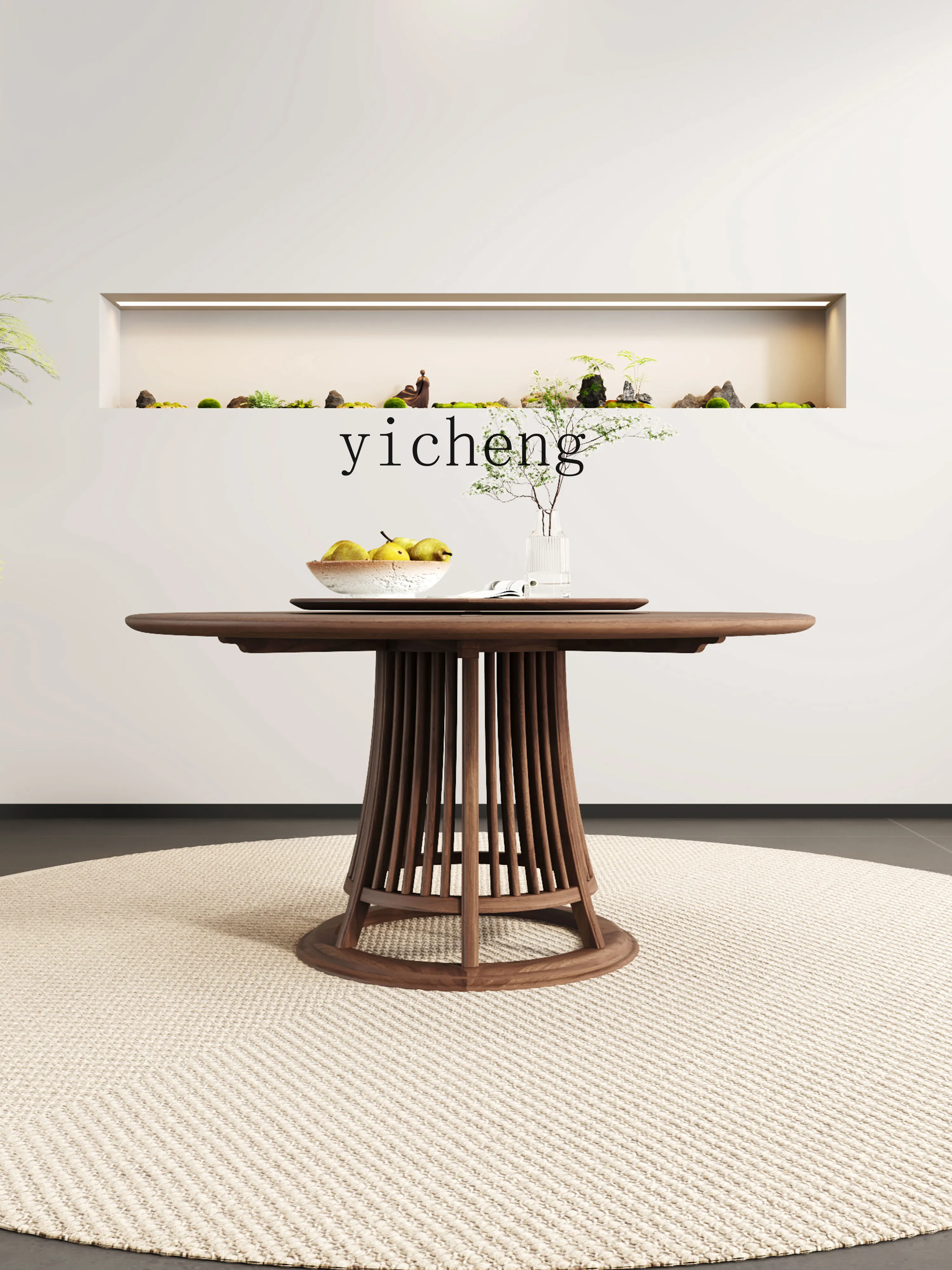 Zk Walnut Solid Wood round Dining Table and Chair Combination with Rock Plate Turntable Household Simple Dining Table