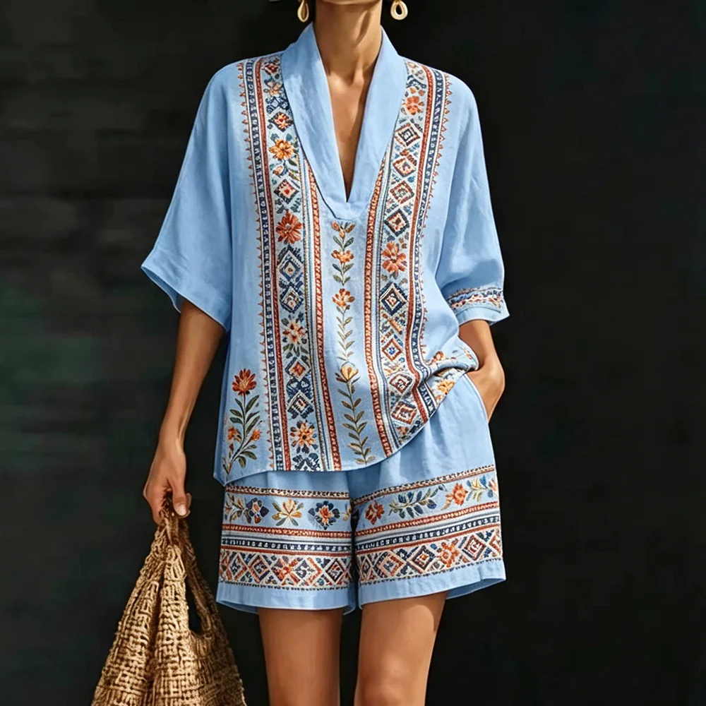 

Women's Lightweight Summer Two-Piece Set for Women Boho Printed Pattern Loose Top and Matching Shorts Casual Daily Outfit