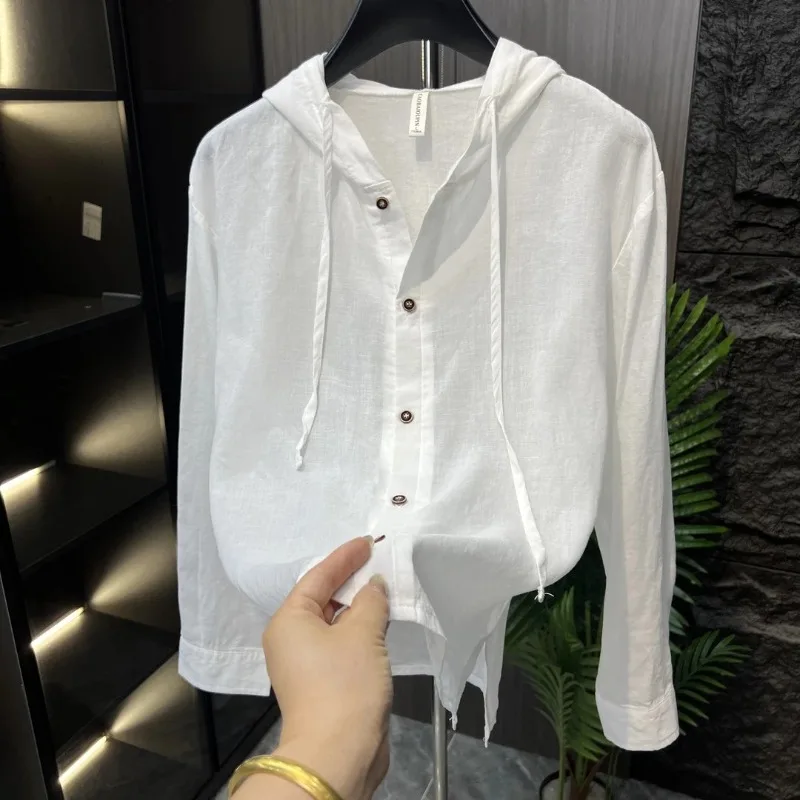 2026 Summer Hooded Shirt Men's Breathable Solid Color Long Sleeved Casual Shirt Versatile Social Breathable Sunscreen Shirts