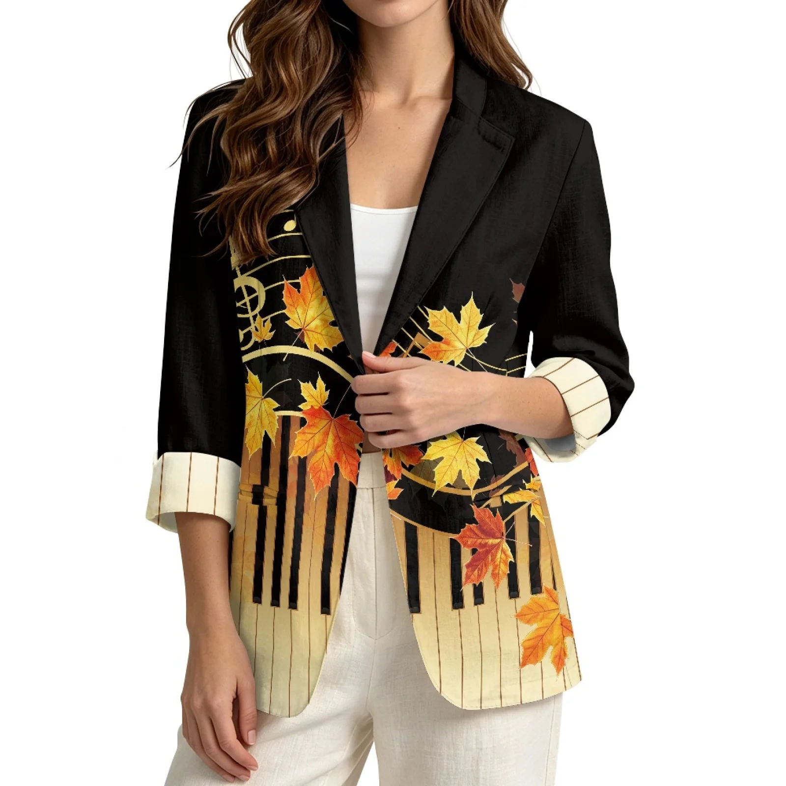 PENSTROLL Autumn Maple Piano Linen Style Open Front Tops Casual Open Front Cardigan for Vacation Sizes S-3XL