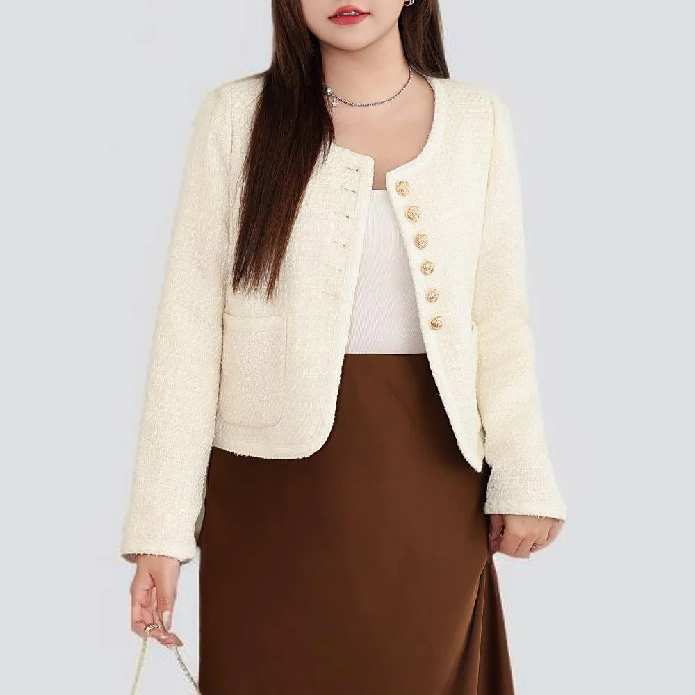 

Gold Button Chic Texture Tweed Coat for Women, Commuter Coat, Exquisite Woolen Cloth Jacket, Plus Size, Autumn and Winter, N9051