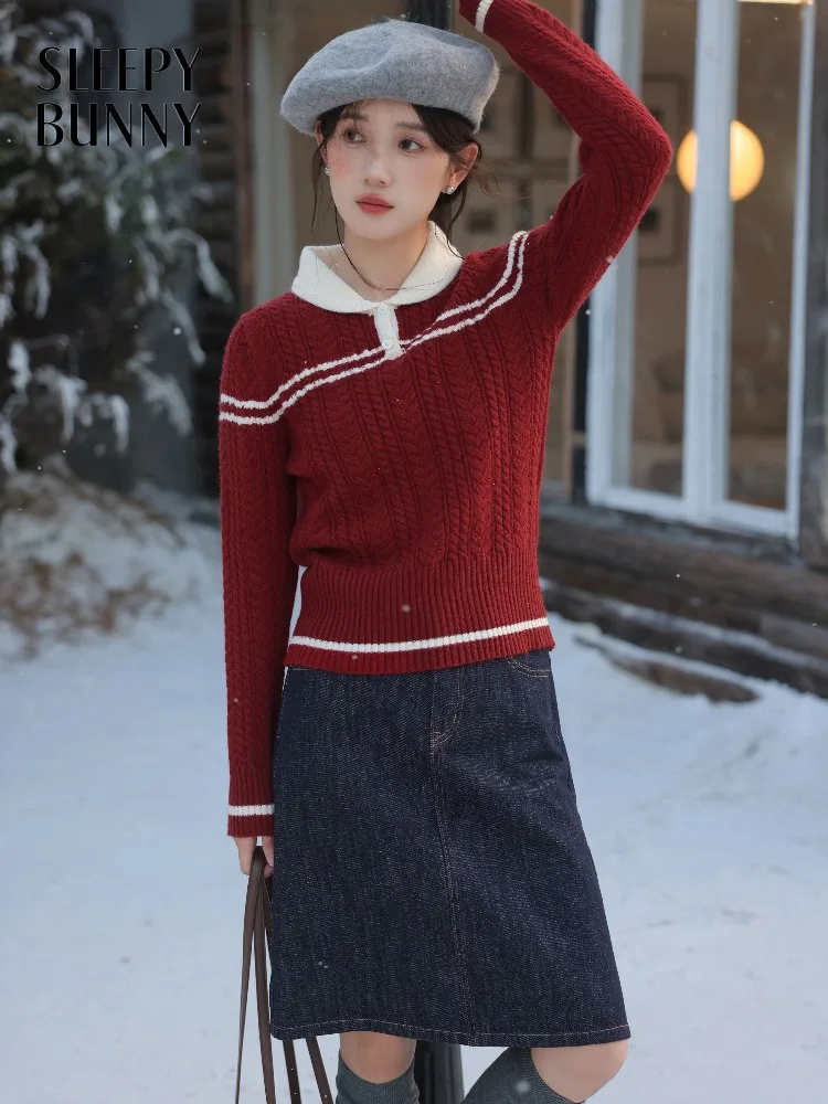 

Vintage Knit Pullover Sweater Contrast Collar Knit Jumper for Women Autumn Winter Casual Slim Fit Warm Knitted Top Preppy Style