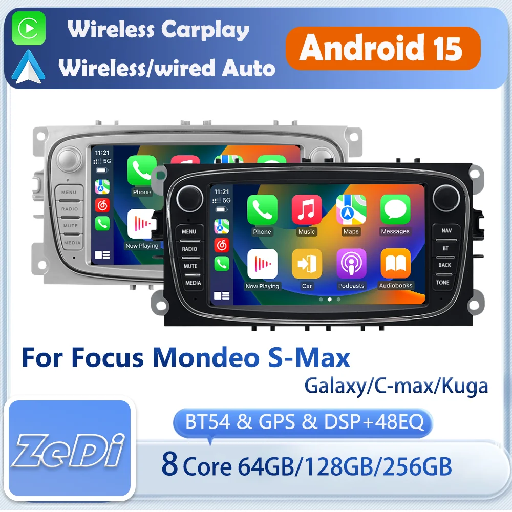 Para Ford Focus, Mondeo, C, S-Max, Galaxy, Kuga, tela de 7 polegadas com Fdsp, CarPlay, Android Auto, entrada de câmera de ré, tela dividida e outras funções.