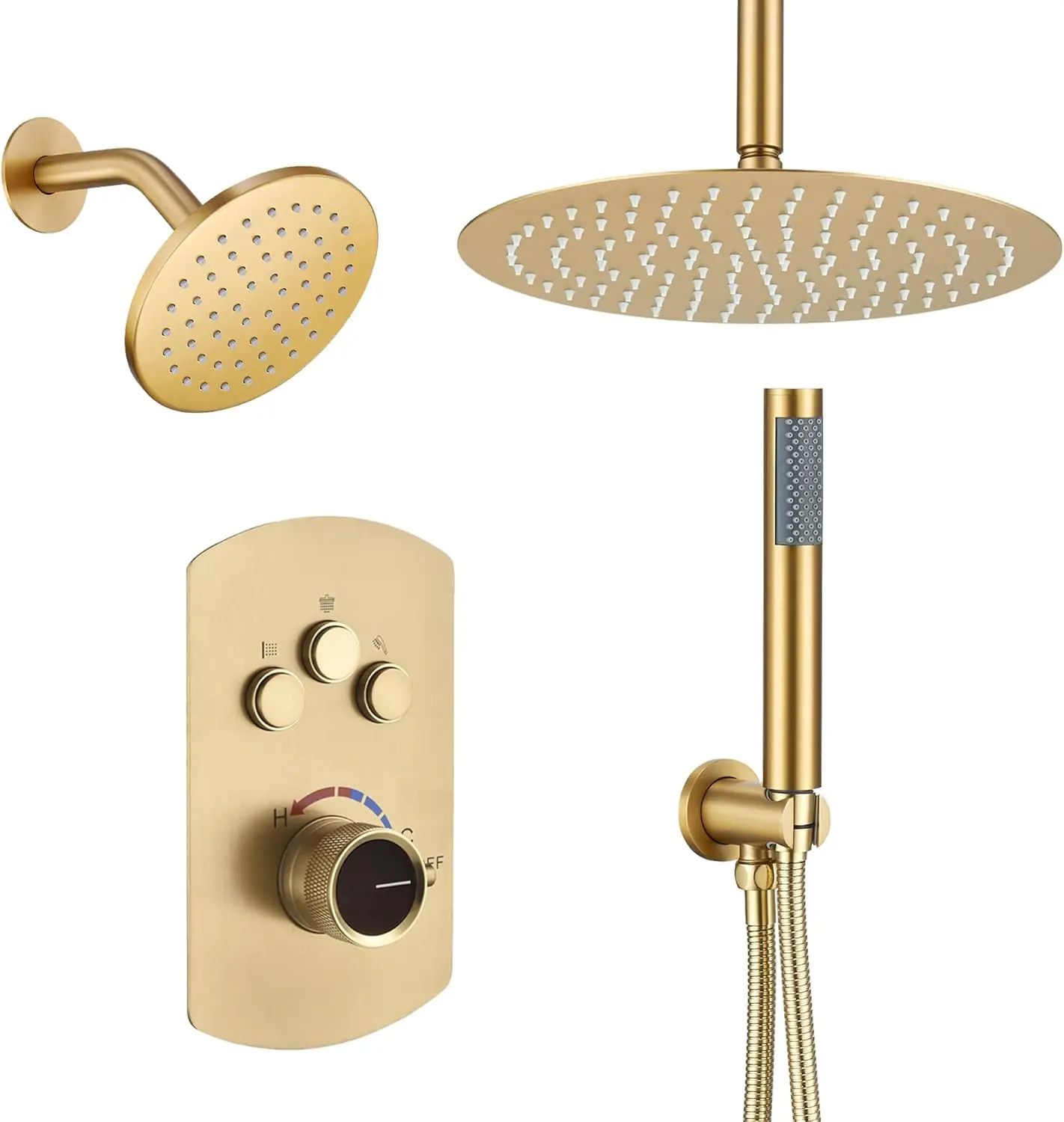 Mondawe 12 Inch Ceiling Mounted Shower System In Brushed Gold, 3-Functions Shower Faucet Set With Rainfall Dual Shower Head And