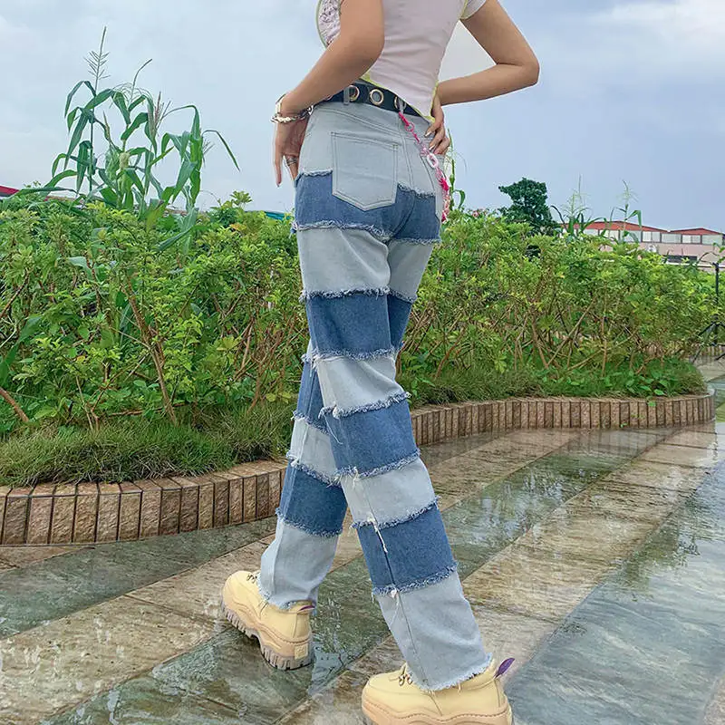

Spring Autumn Cotton Women's Pants Pockets High Waist Skinny Striped Patchwork Fashion Streetwear Pants