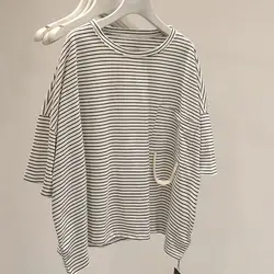 Summer New Striped Plus Size Street Casual Tops Short Sleeve O-neck Loose Youth Fashion T Shirts Vintage Korean Women Clothing