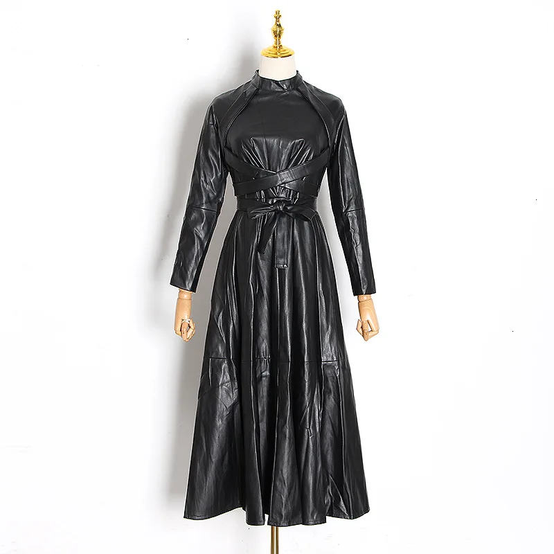 

Biker style tie long dress 2025 early autumn new fashion PU leather stand collar long sleeve dress women