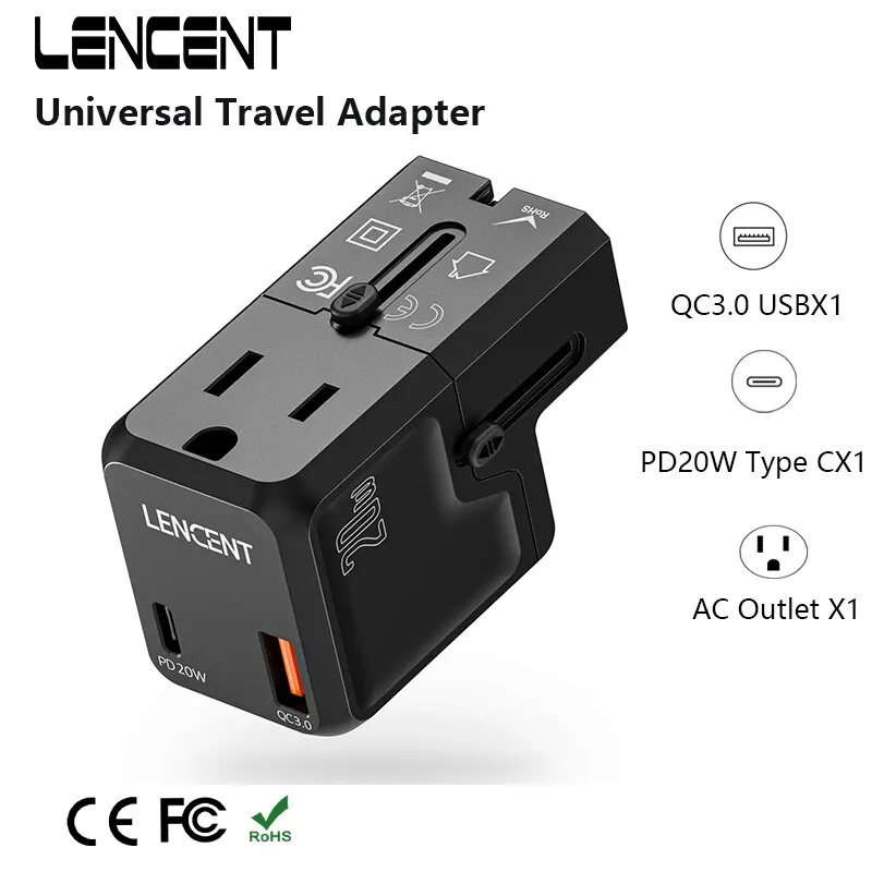 Lencent-محول عالمي للسفر ، شاحن سريع ، محول طاقة ، 1 مخرج تيار متردد ، 1 USB ، منفذ QC 3.0 ، 1 PD 20 واط ، الولايات المتحدة ، الاتحاد الأوروبي ، المملكة المتحدة ، أستراليا