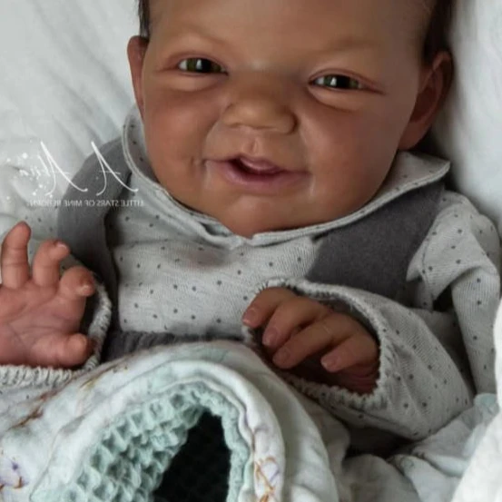 NPK 18Inches Hnadmade Dark Skin Reborn Baby Charlie Lifelike Baby DIY Doll Parts with Rooted Hair Cloth Body and Eye Include