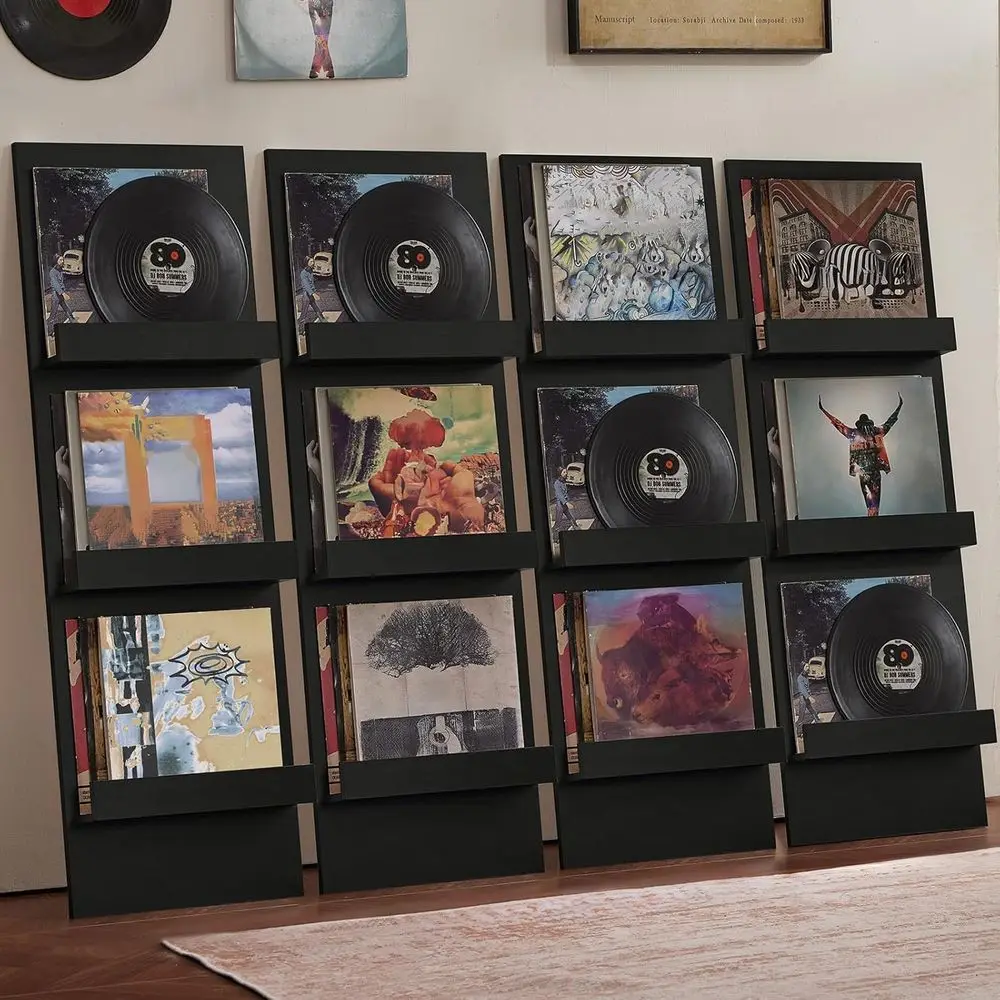 

4-Piece Wall-Leaning Vinyl Record Holder Set with 3-Tier Display Shelf, 47.5 Tall Storage for 120 Albums/CDs, Ideal for Living R