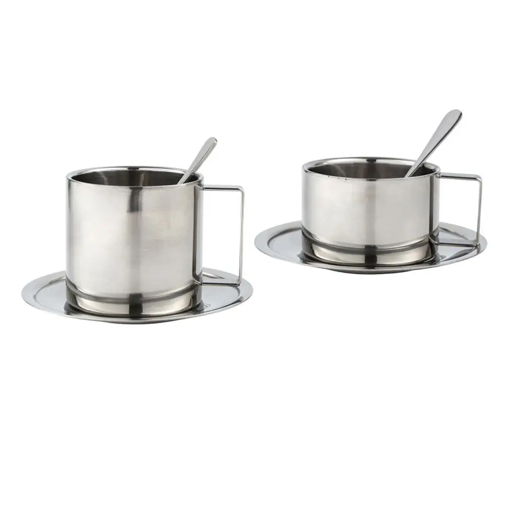 Coffee Mug Set with Plate and Spoon Stainless Steel for Home Cafe Restaurant