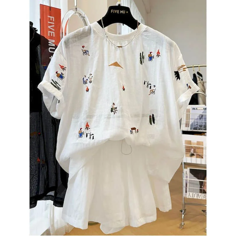 

Elegant Shorts Sets Summer O-neck Short Sleeve T-Shirts Wide Leg Pants French Style Loose Casual Matching Set for Women Clothing