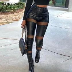 Women Casual High Waist Mesh PU Leather Patchwork Skinny Black Pencil Pants