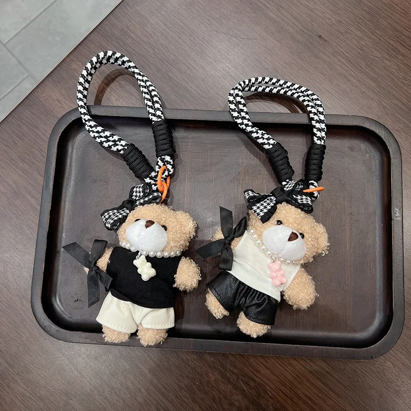 

Cute Bear with T-shirt Pants Plush Keychain 11.5CM Bow Strap Bag Charm Pendant for Girls Women Kids Gift Daily Accessory