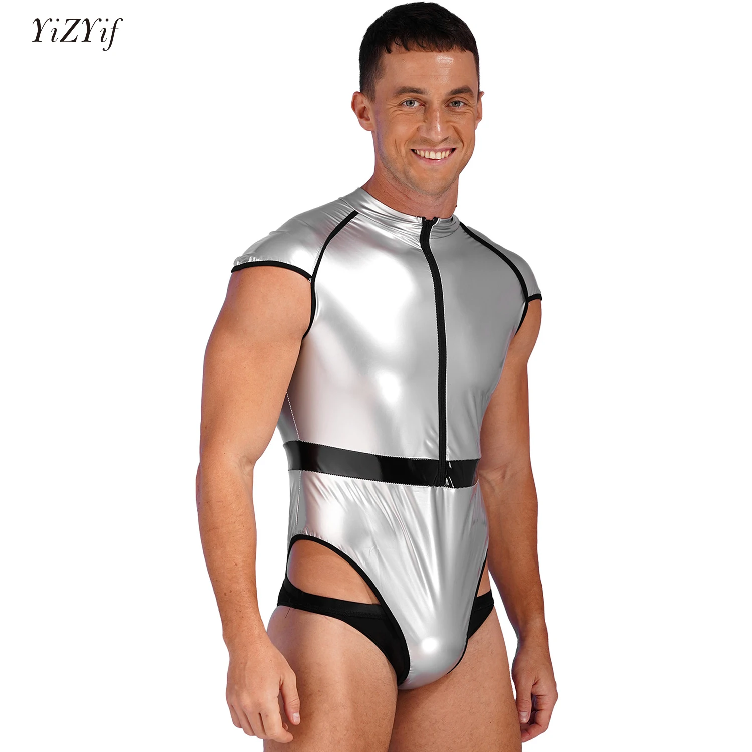 Mens Sexy Astronaut Role Play Costume Outfits Cap Sleeve Patent Leather High Cut Bodysuit Catsuit Halloween Rave Party Clubwear