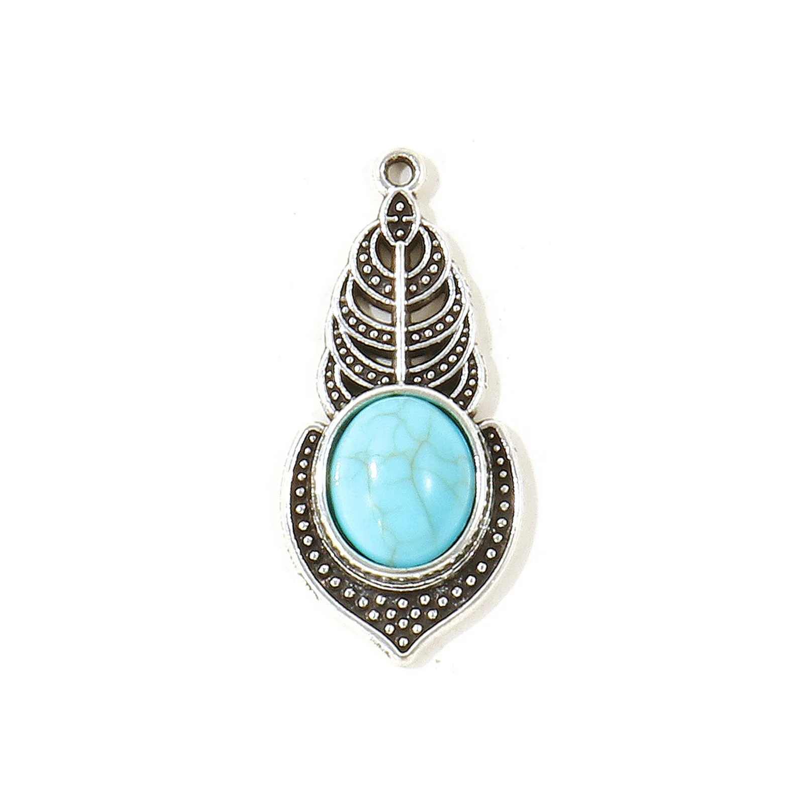 10 Stück Vintage Bohemia Anhänger Antiksilberfarben Grün Blau Imitation Türkis Feder Blumen Charms DIY Halskette Schmuck – Detail 8
