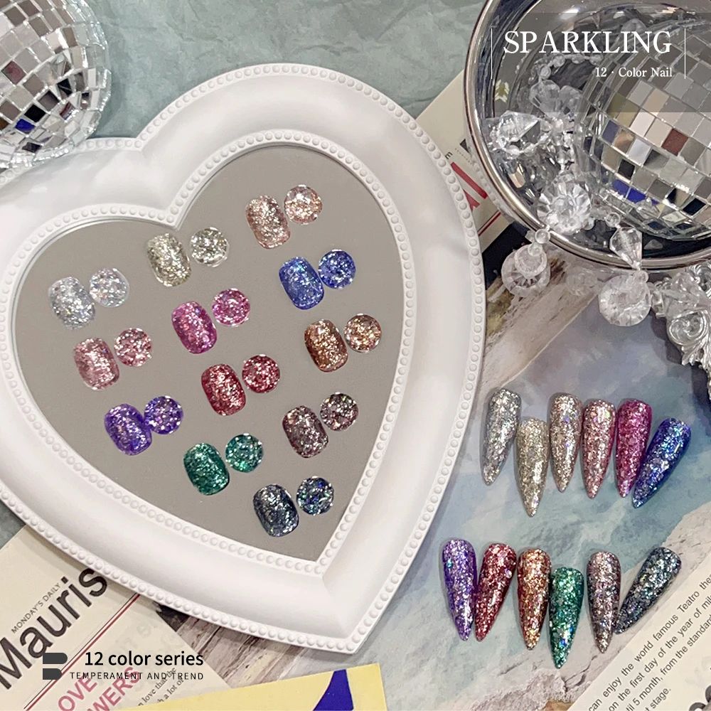 Vendeeni 12 لون/مجموعة بريق الترتر هلام طلاء الأظافر UV LED فلاش كسر الماس مانيكير مسمار الورنيش مع بطاقة اللون 12 مللي