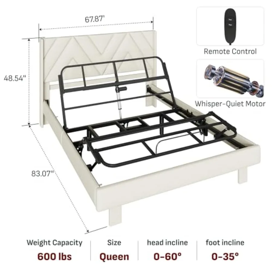 Queen All-in-One Adjustable Frame with Upholstered Frame Headboard, Electric with Remote Control and Whisper Quiet Motor, 10-Ye