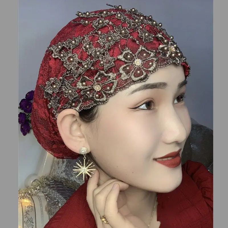 Plum‑Blossom Beaded Rhinestone Hat, Breathable Stretchy Turban Hat, Vintage Decorative Women's Hat for Daily Outfits