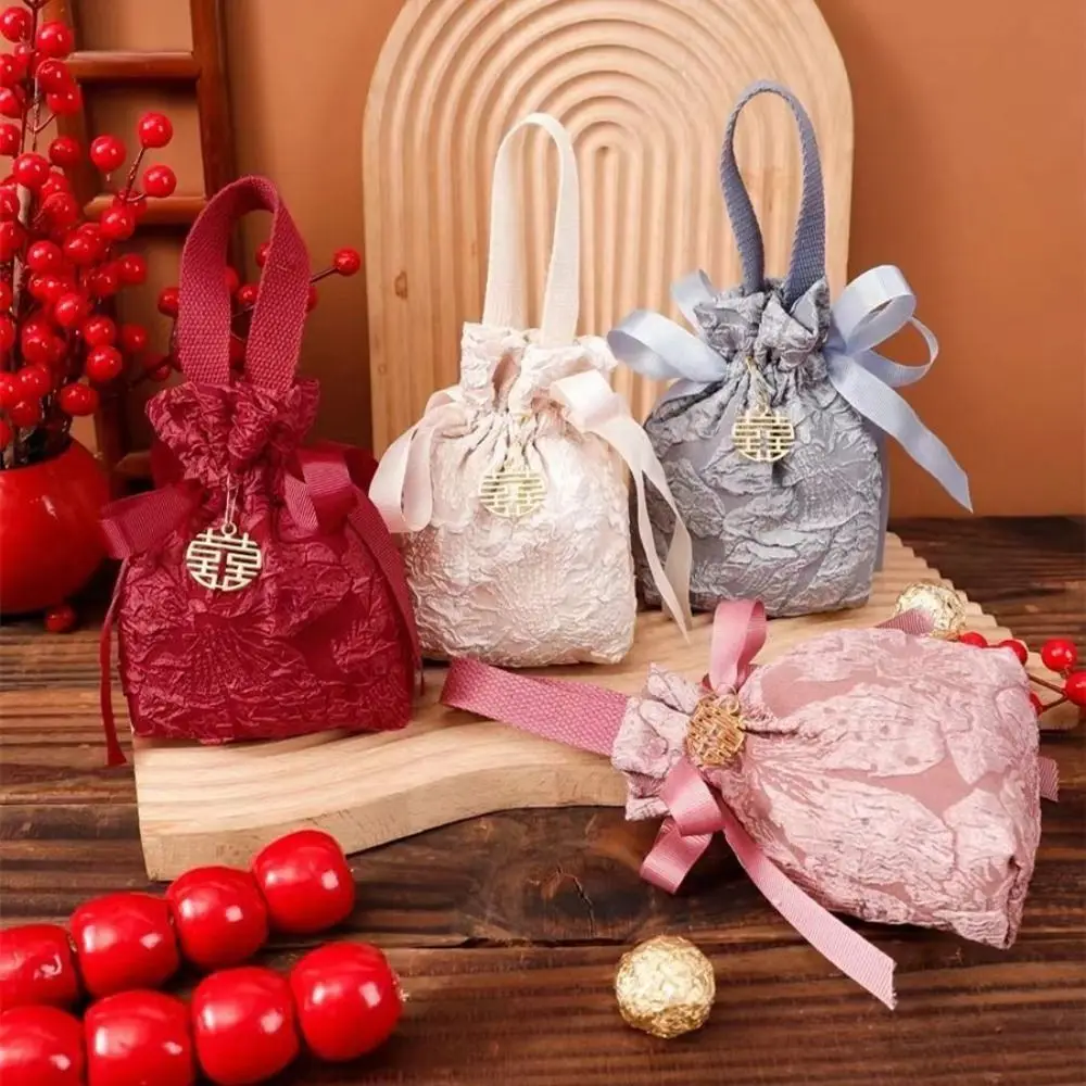 Cloth Wedding Candy Bag Embossed Flowers Chinese Style Engagement Gift Packing Bag Drawstrin Design Wedding Souvenir Bag