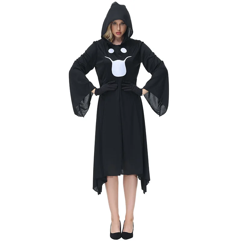 

Adult Women Carnival Black Little Ghost Zombie Printed Hooded Dress Halloween Cosplay Costumes Outfit